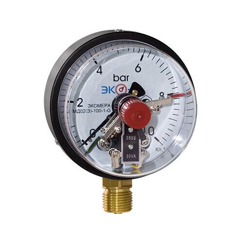 Манометр Экомера МД02(Э)-100 мм, 1,6 МПа, М20х1,5, с электроконтактной приставкой, радиальное подключение, сталь, черный, Эко-М МД02Э-100-М-1,6МПа