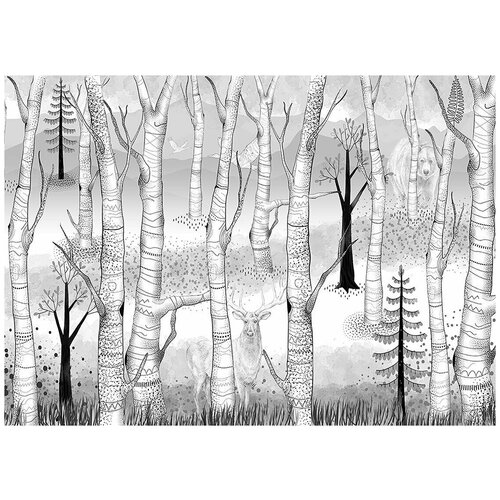 Лес и звери черно-белое - Виниловые фотообои, (211х150 см)