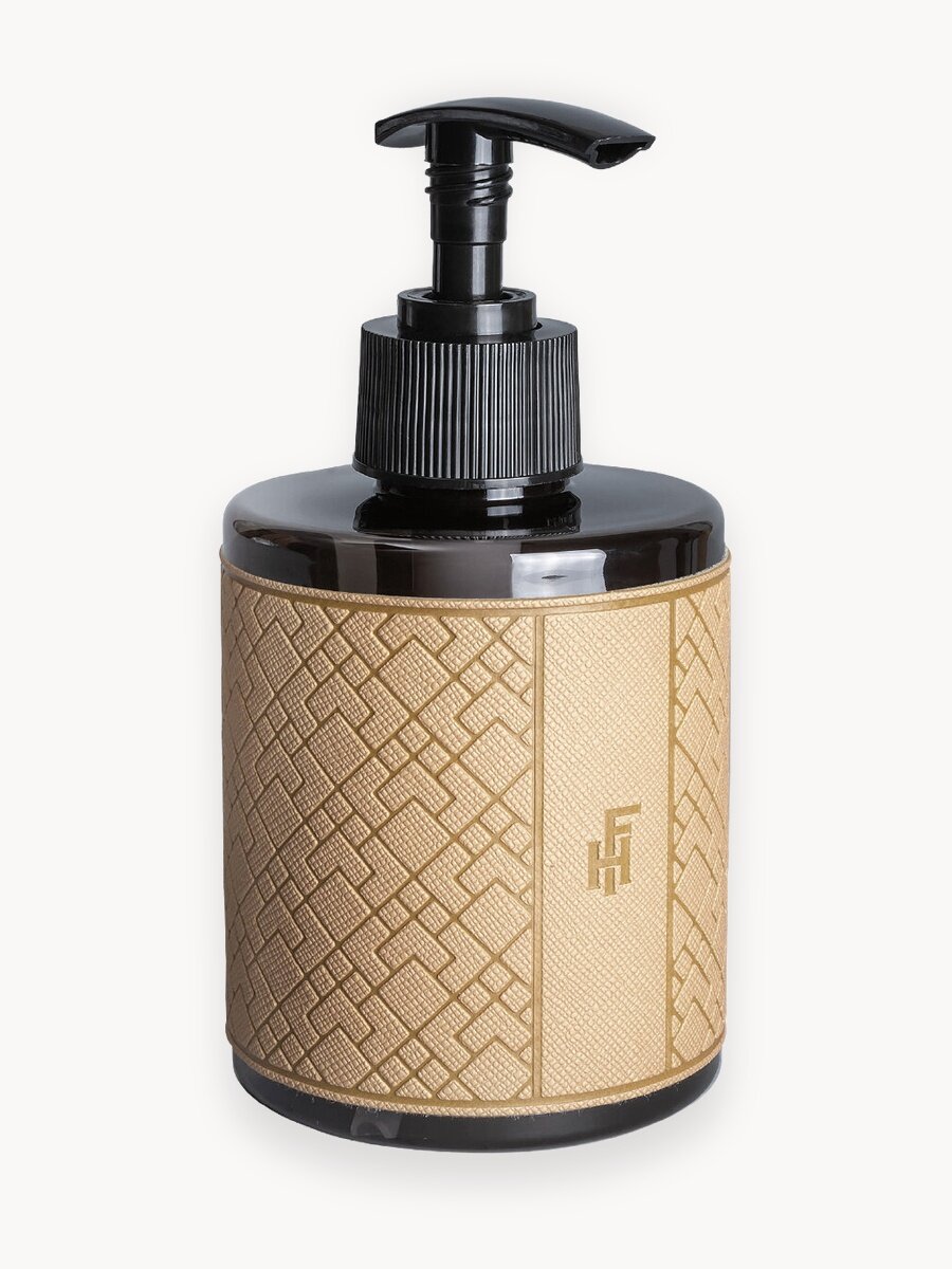 Флакон для крема с дозатором и наклейкой из экокожи FlexHome, цвет бежевый