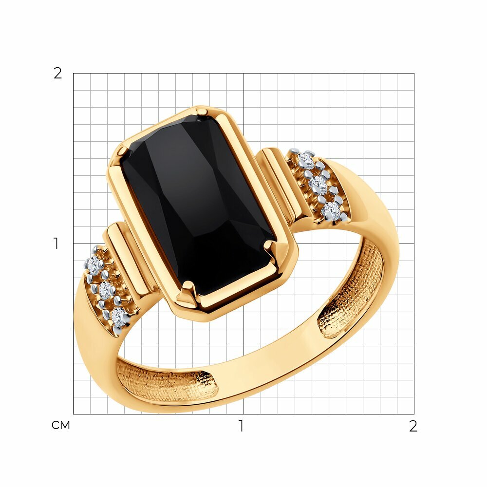 Кольцо Diamant, серебро, 925 проба, золочение, фианит, агат, размер 18, черный — фото 1