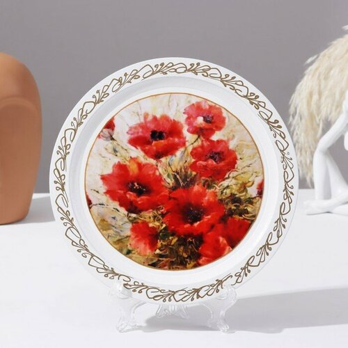 SUI Панно-тарелка Маки белая D 20 см лаковая миниатюра 1575₽