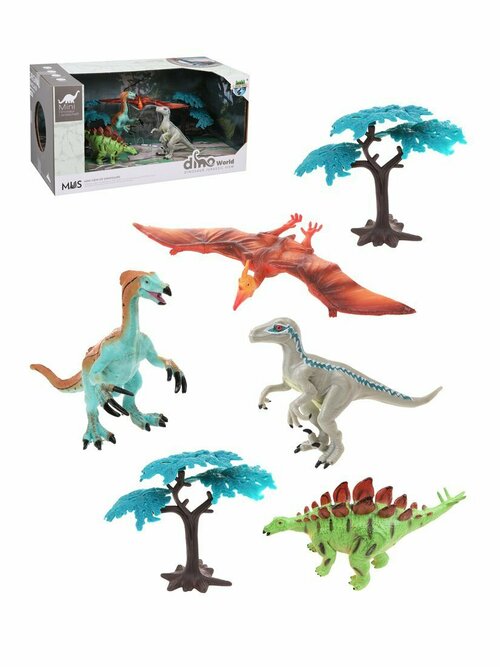 Набор динозавров 4шт +2 дерева в коробке