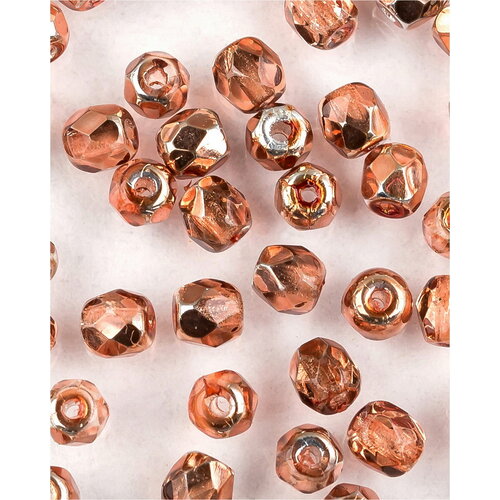 Стеклянные чешские бусины, граненые круглые, Fire polished, Размер 3 мм, цвет Crystal Peach Metallic Ice, 50 шт.