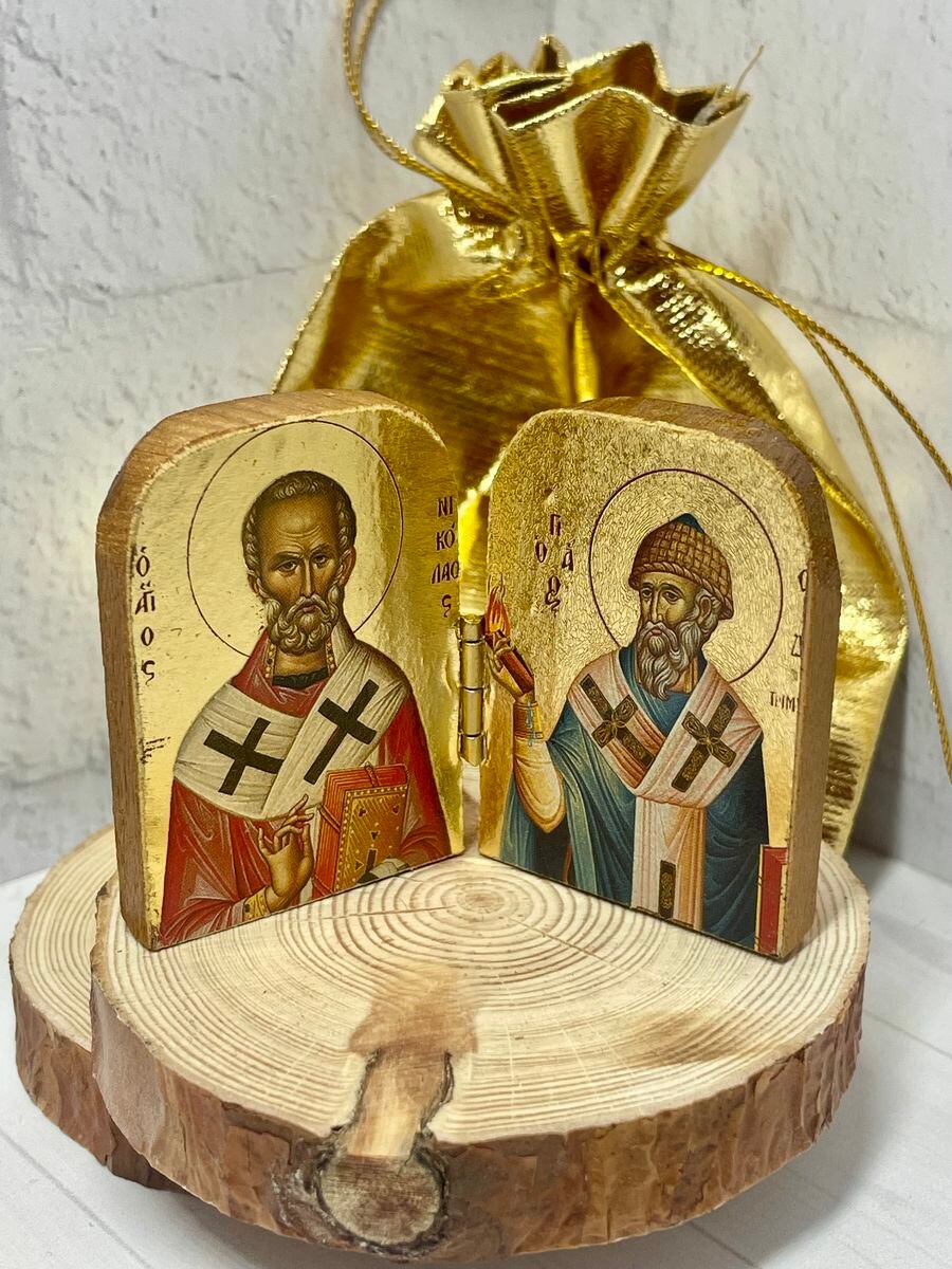 Икона Спиридон Тримифунтский и Николай Чудотворец на дереве, маленькая, подарочная размер 3,5*5 см — фото 1