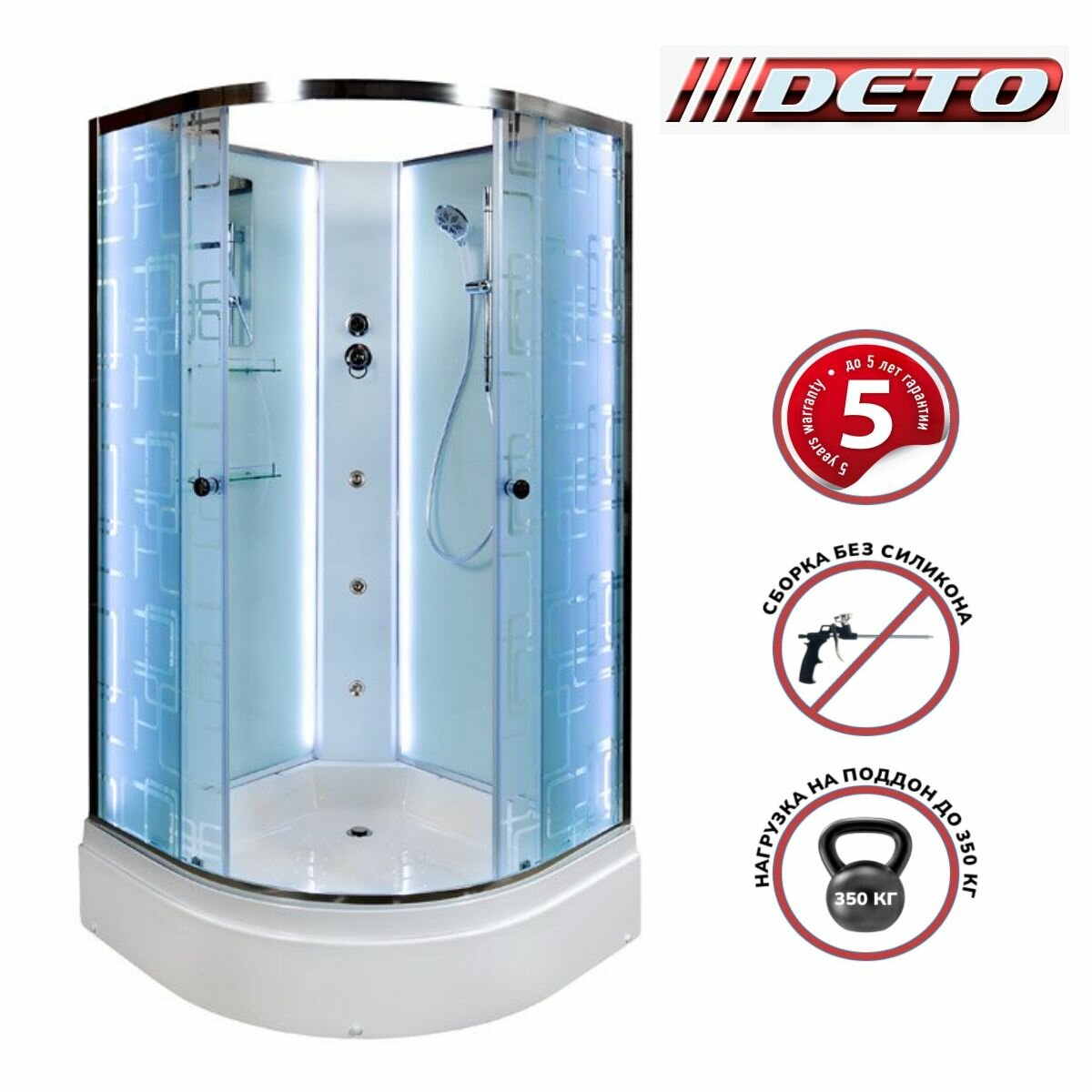 Душевая кабина Deto EM2790N (90х90х210) средний поддон, стекло узорчатое, LED, с гидромассажем