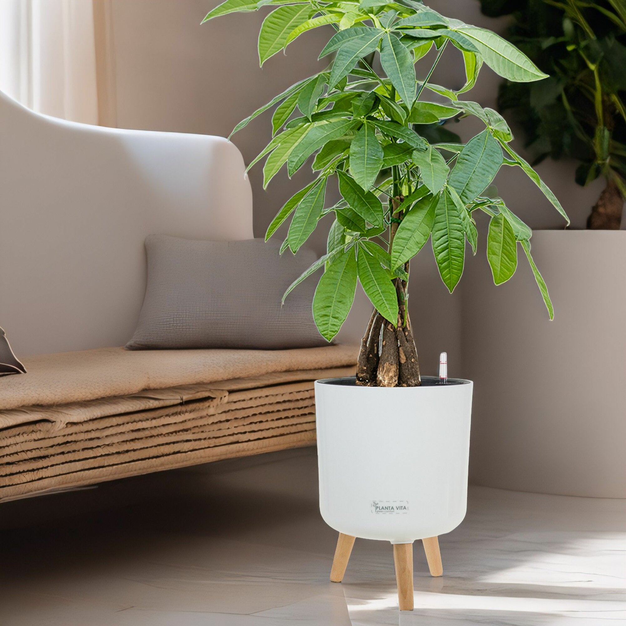 Кашпо для цветов напольное высокое с автополивом уличное PLANTA VITA Cylinder Silk white WL горшок пластиковый для декора D28xH37 см