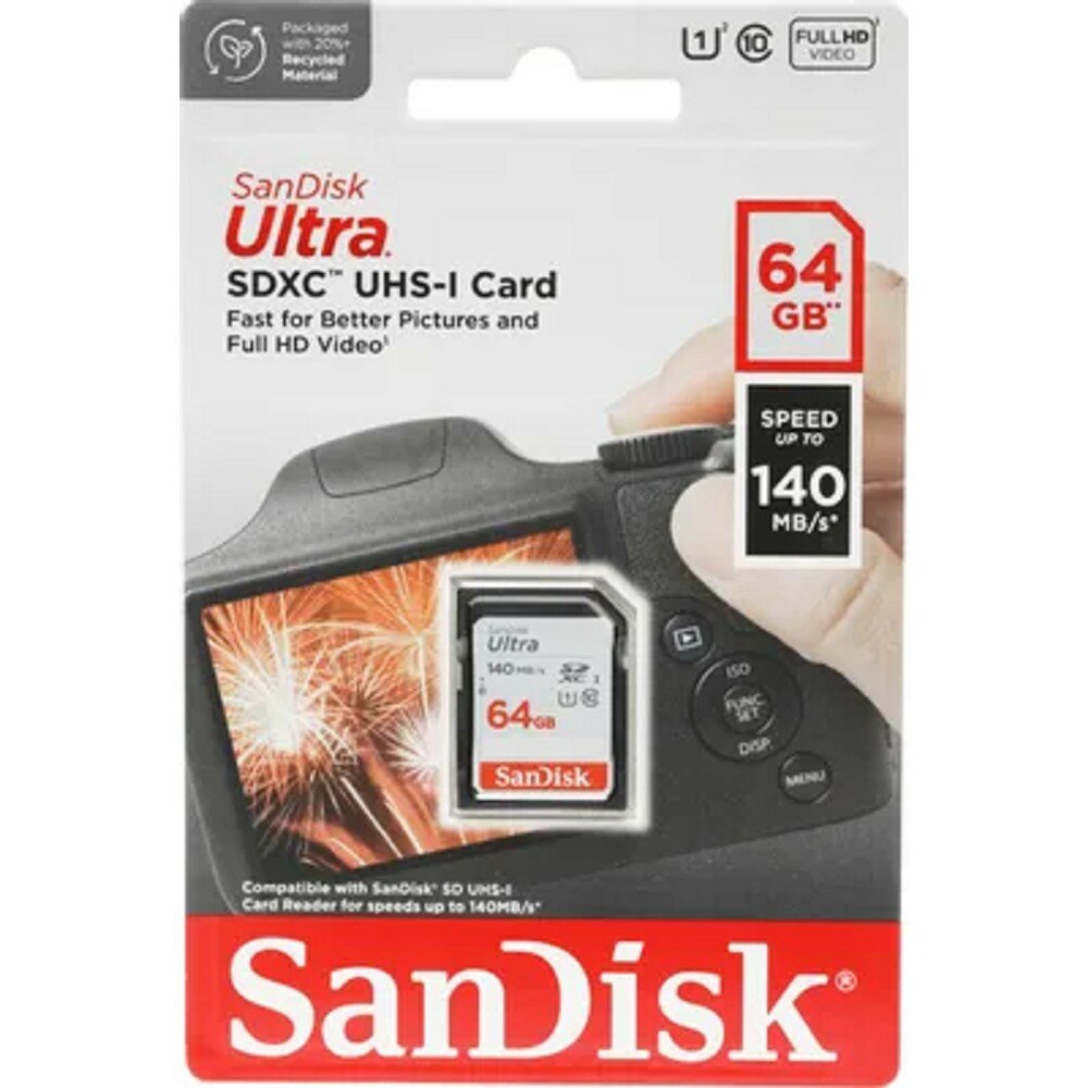 SanDisk Карта памяти SecureDigital 64GB Ultra SDXC Class 10 UHS-I U1 Ultra R 140MB s