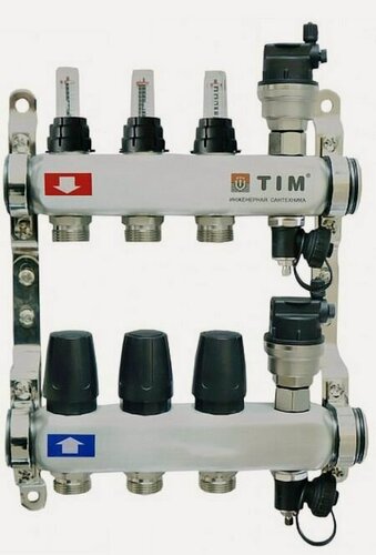 Изображение товара Коллекторная группа на 3 выхода 1" х 3/4" с расходомерами для теплого пола, нержавеющая сталь