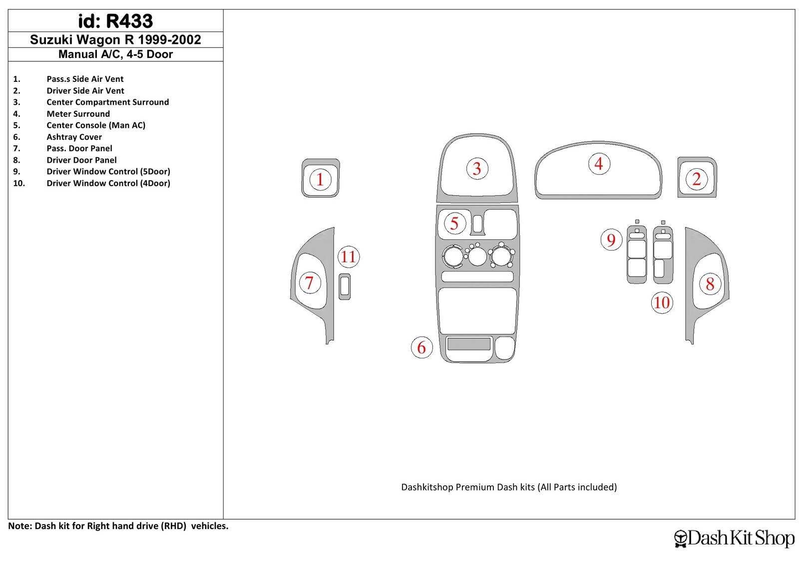 Накладки салона под дерево, карбон, алюминий для Suzuki Wagon R 1999-2002. Комплект R433.