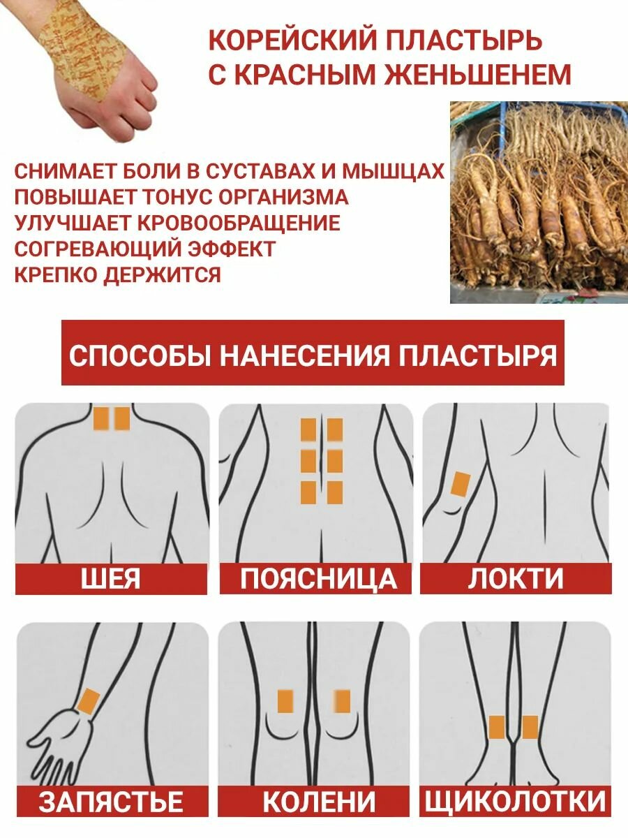 Изображение Корейский обезболивающий пластырь для суставов и мышц с женьшенем и глюкозамином, 1 упаковка (20 листов)