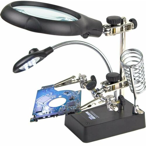 Третья рука для пайки с подсветкой и лупой подставка для паяльника увеличительное стекло 1511₽