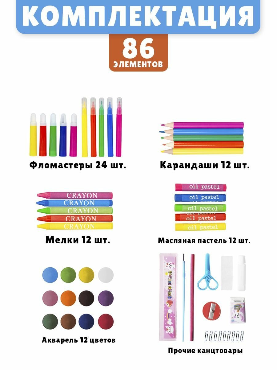 Набор для рисования в чемодане 86 предметов, голубой — фото 1