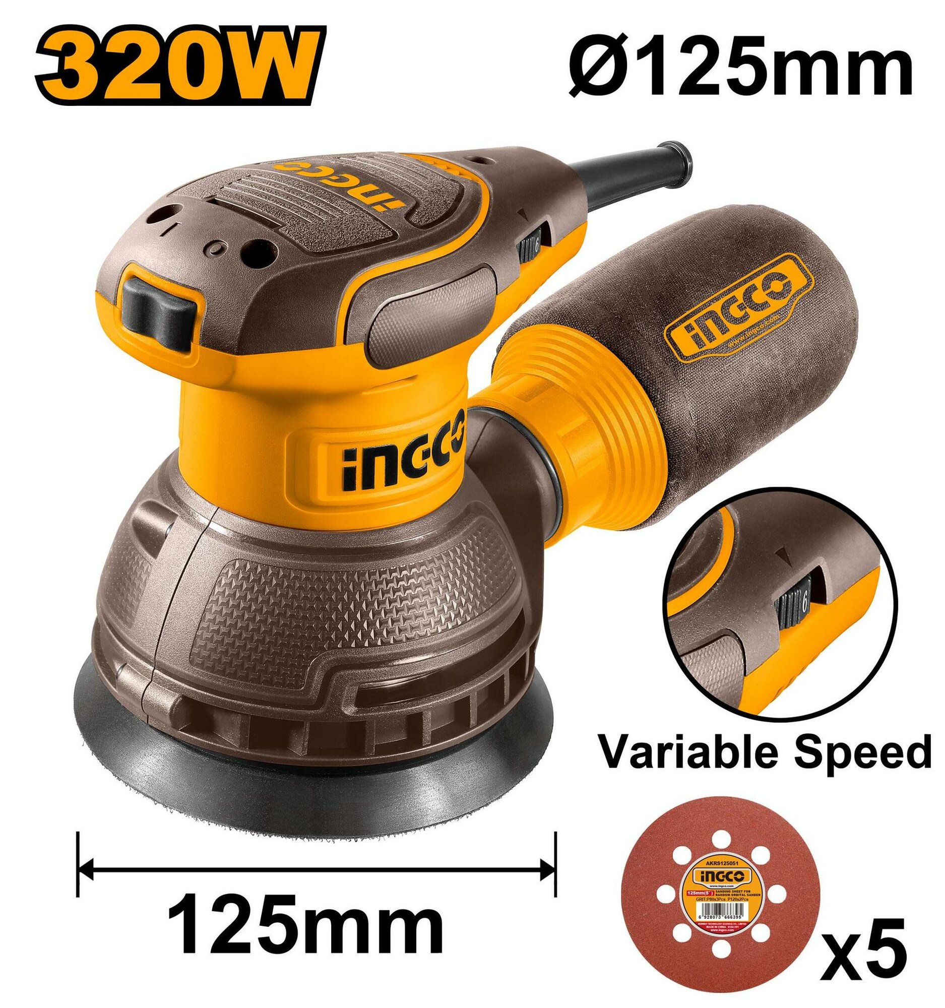 Эксцентриковая шлифмашина InGCo INDUSTRIAL RS3216, 320Вт, 125мм