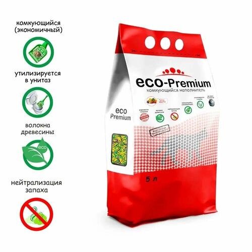 Наполнитель древесный комкующийся, ECO-Premium (Эко-премиум) с запахом тутти-фрутти, 1,9 кг, 5 л