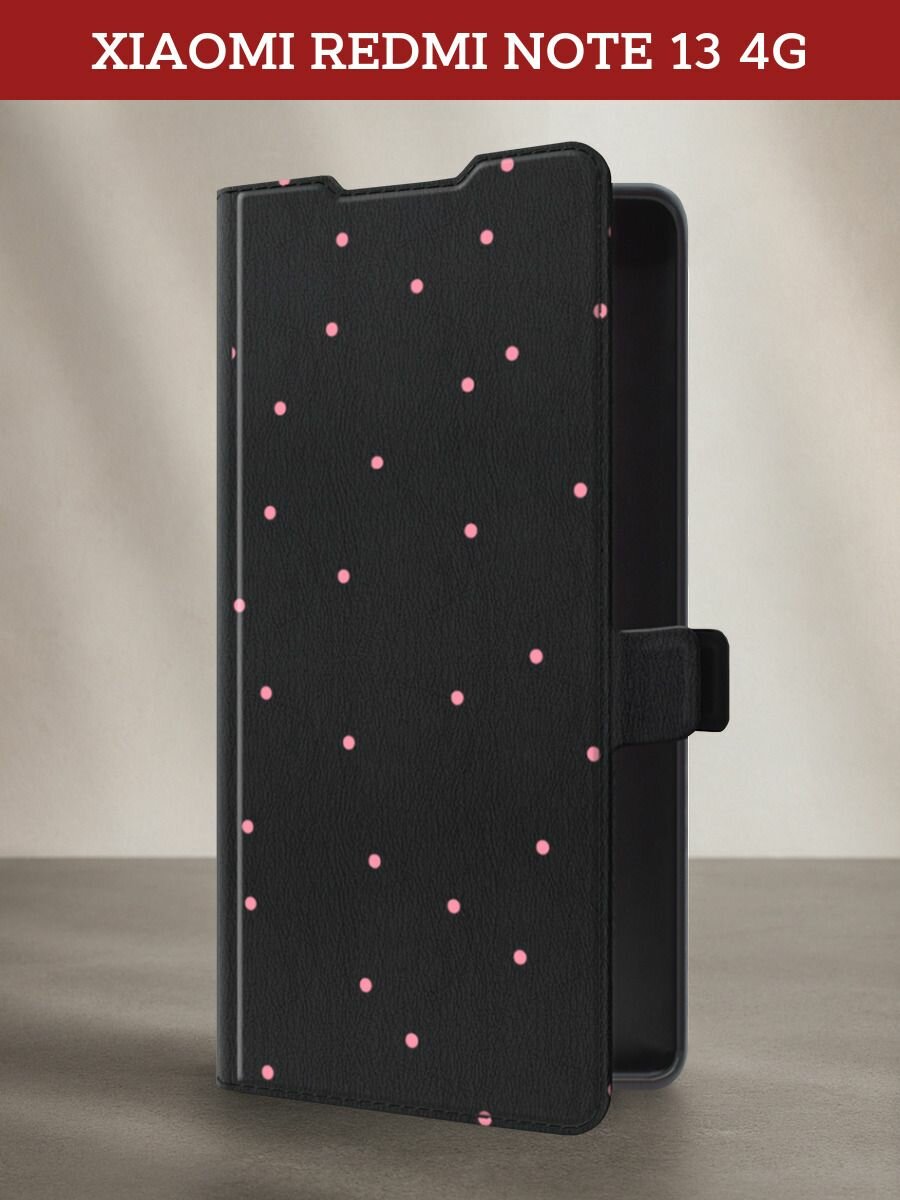 Чехол-книжка на Xiaomi Redmi Note 13 4G (Global) / Сяоми Редми Нот 13 4G с принтом Розовые точки, черный