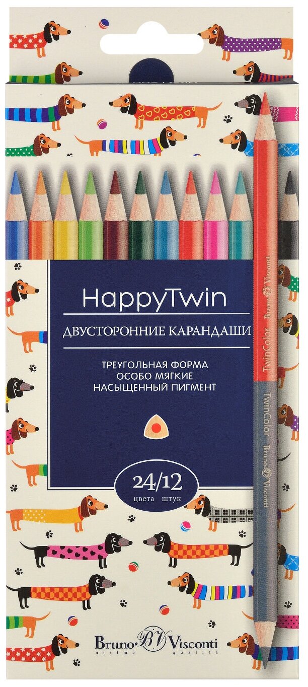 Карандаши Bruno Visconti, цветные, 24 цвета, 12 шт. , TwinColor, Арт. 30-0080, упаковка в ассортименте