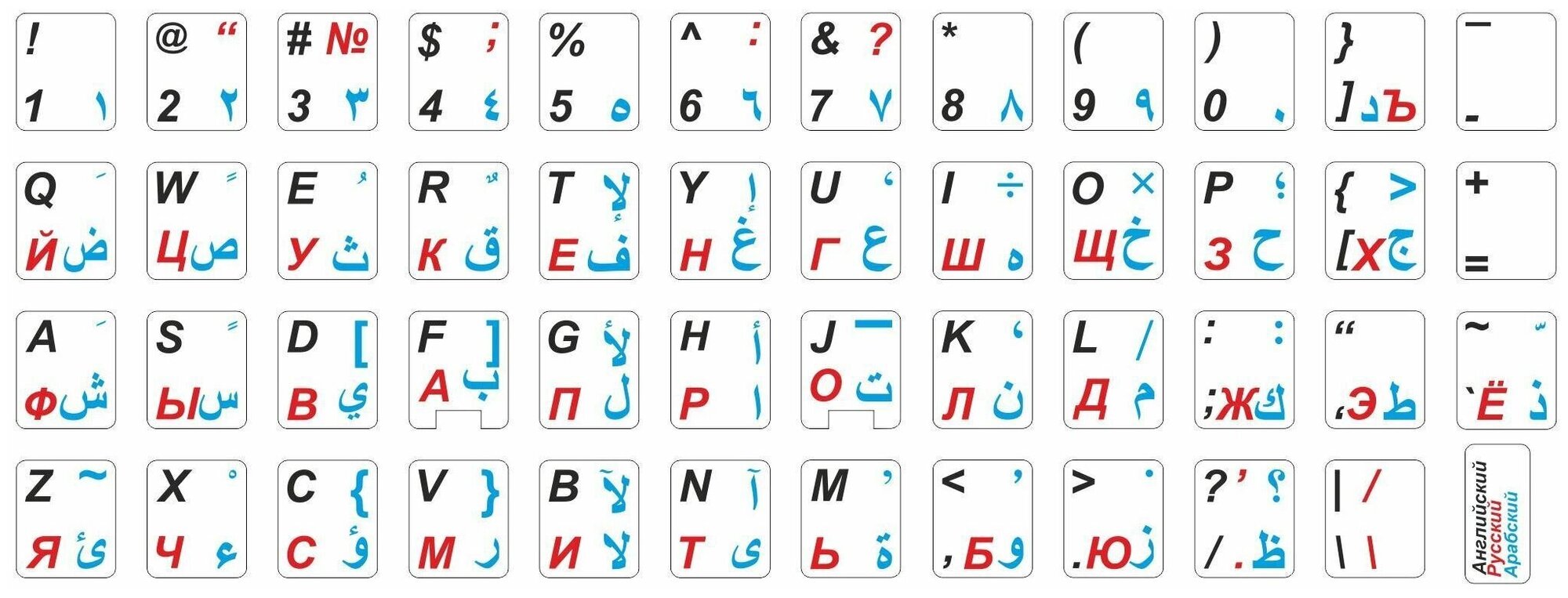 Арабские, Английские, Русские наклейки на клавиатуру 11x13 мм.