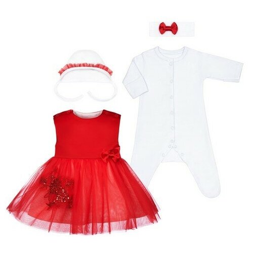 фото Комплект одежды patrino для девочек, комбинезон и платье и повязка и чепчик, нарядный стиль, размер 56, красный