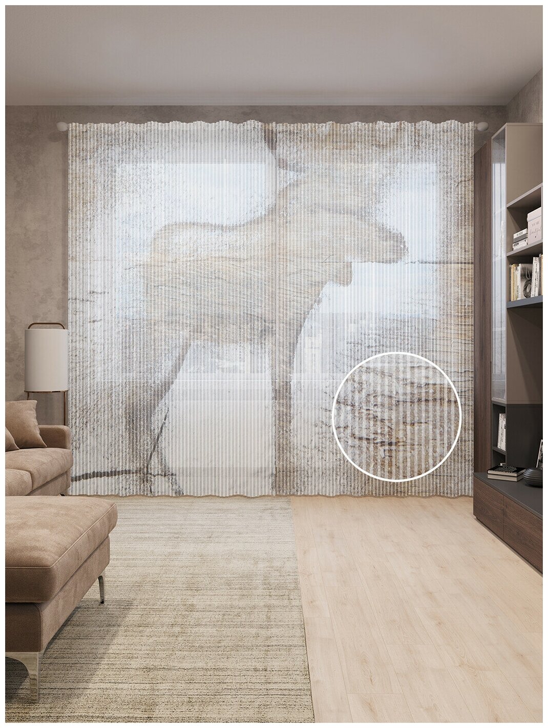 фото Тюль вуаль на шторной ленте с принтом "Лось из снега" для гостиной, зала, кухни, спальни, детской, 310х265 см; Белый, черный, коричневый