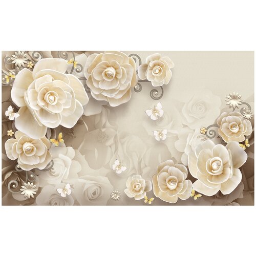 Фотообои Уютная стена Кремовые 3D розы 440х270 см Виниловые Бесшовные (единым полотном)