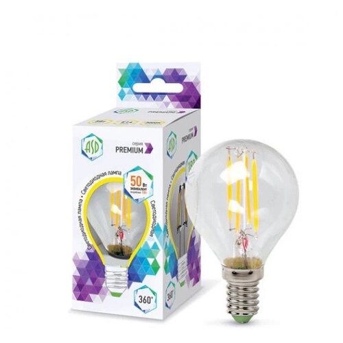 Лампа светодиодная LED-ШАР-PREMIUM 5Вт 160-260В Е14 3000К 450Лм прозрачная ASD