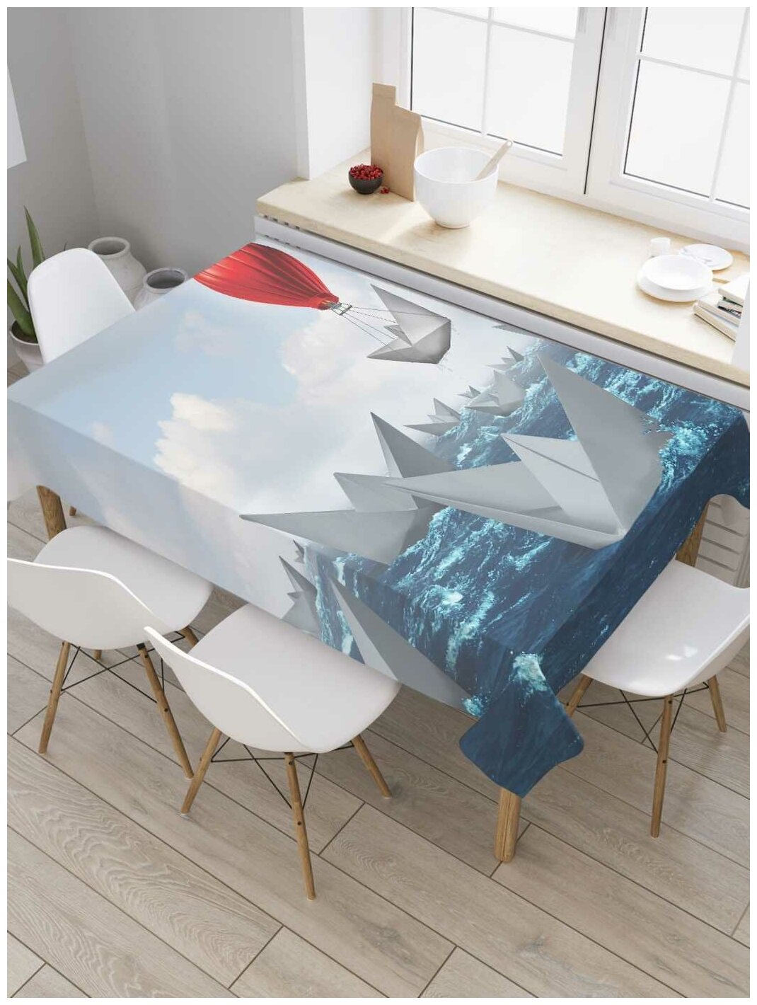 Скатерть прямоугольная JoyArty на кухонный стол "Бумажные кораблики и воздушных шаров" из оксфорда, 120x145 см