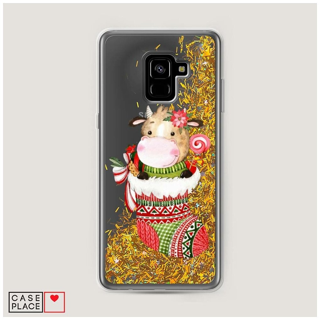 Жидкий чехол с блестками "Коровка в носочке" на Samsung Galaxy A8 + / Самсунг Галакси А8 Плюс 2018