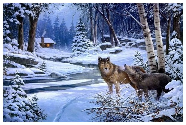 Постер на холсте Волки в зимнем лесу №2 45см. x 30см.