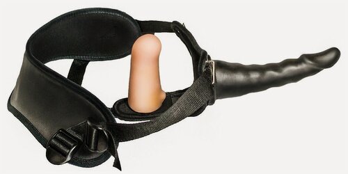 Изображение товара Женский страпон с чёрной насадкой и вагинальной пробкой - 18,5 и 10,5 см, черный