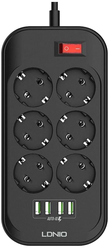 Сетевой удлинитель LDNIO SE6403/ 2м + ЗУ на 4 USB/ 6 розеток (медь) - 2500W/ USB - 17W/ черный/серый