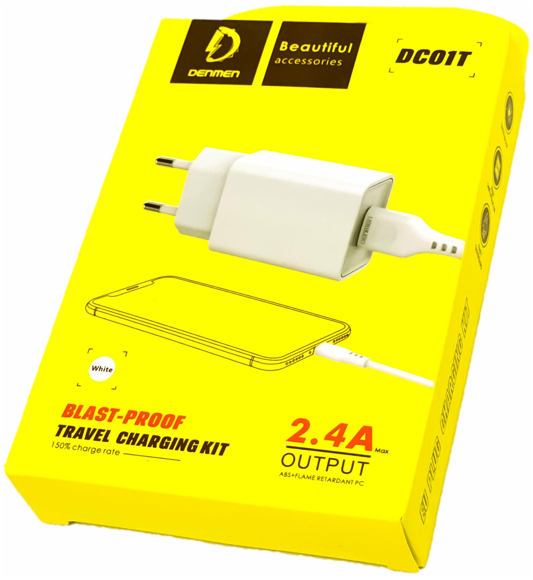 Зарядка для телефона/ 2.4A/ 1хUSB/ с кабелем TYPE-C/ провод разъемный/ DENMEN DC01T