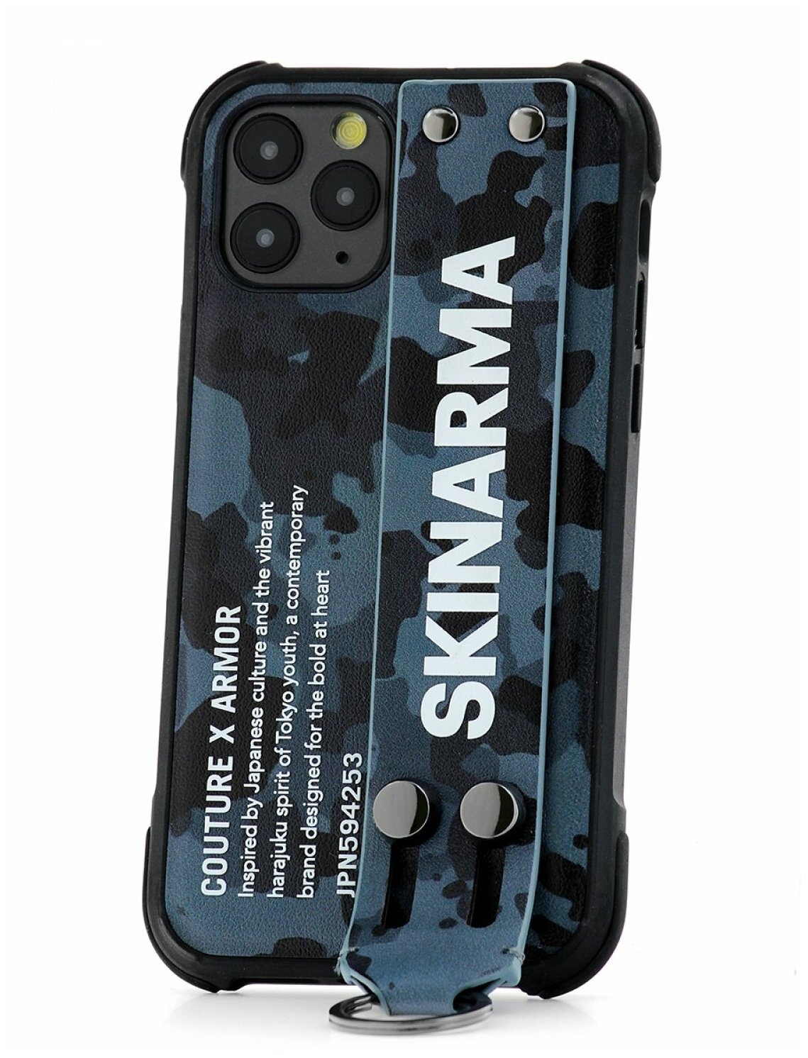 Чехол для iPhone 11 Pro Skinarma Camo Navy, противоударная пластиковая накладка с ремешком, силиконовый бампер с рисуном, кейс с подставкой