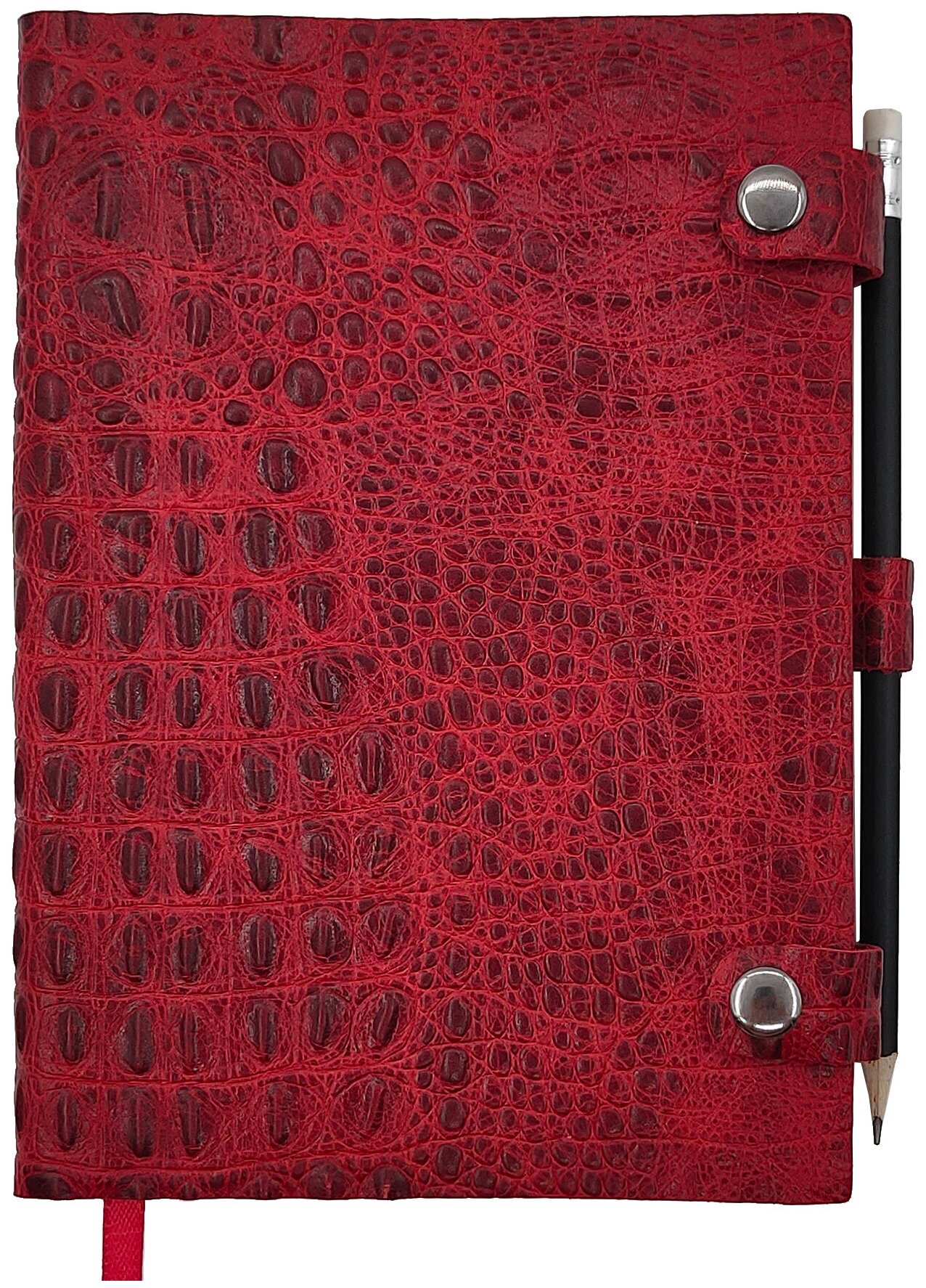 Красный кожаный ежедневник Shiva Leater с текстурой "Крокодил", с застежкой на две кнопки и хлястиком под ручку