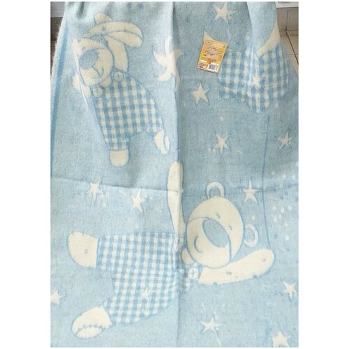 Одеяло 85% шерсть жаккард 100х140 рис. Мишка с зайкой (голубое) 01-10
