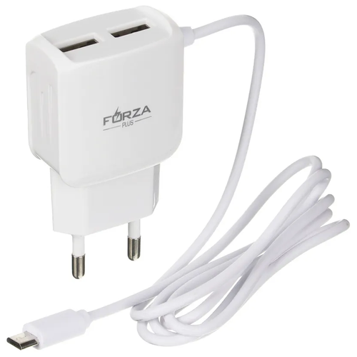 Зарядное устройство, встроенный кабель micro-USB, 2xUSB 5В/2А, белый
