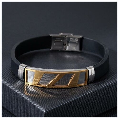 фото Браслет мужской "стиль" прямоугольник резной, цвет чёрный с серебристо-золотым, l=22 см queen fair