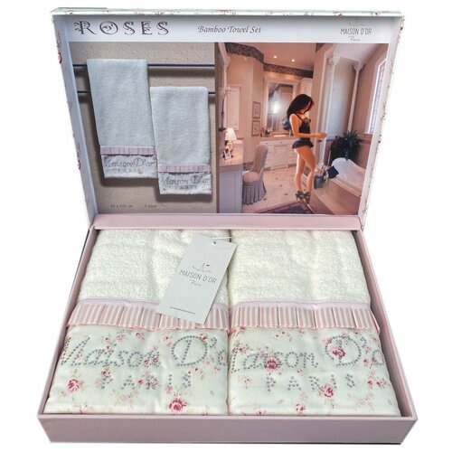 фото Набор полотенец для ванной 2 пр. maison dor roses хлопковая/бамбуковая махра кремовый/розовый maison dor (турция)