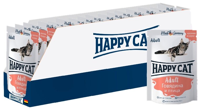 Упаковка паучей HAPPY CAT 100гр x 24шт для кошек Говядина и Птица