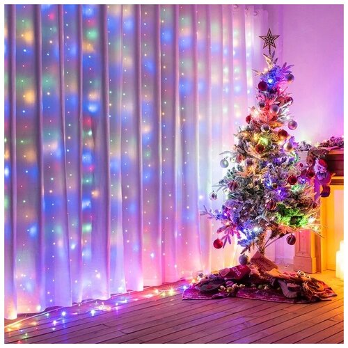 фото Новогодняя светодиодная гирлянда штора / занавес / дождик с контроллером и коннектором 3 х 2,5 м цветной baziator