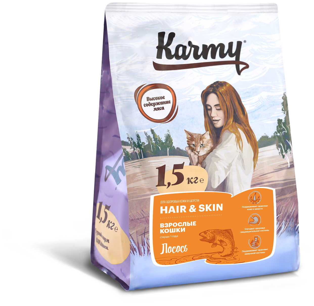 KARMY Hair & Skin сухой корм для кошек, для здоровья кожи и шерсти со вкусом Лосося 1,5кг