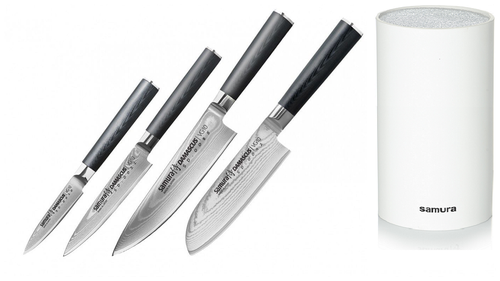 SD-0240КРБП набор из 4-Х кухонных ножей SAMURA DAMASCUS овощной, универсальный, ШЕФ, сантоку И подставки из белого пластика SD-0240КРБП