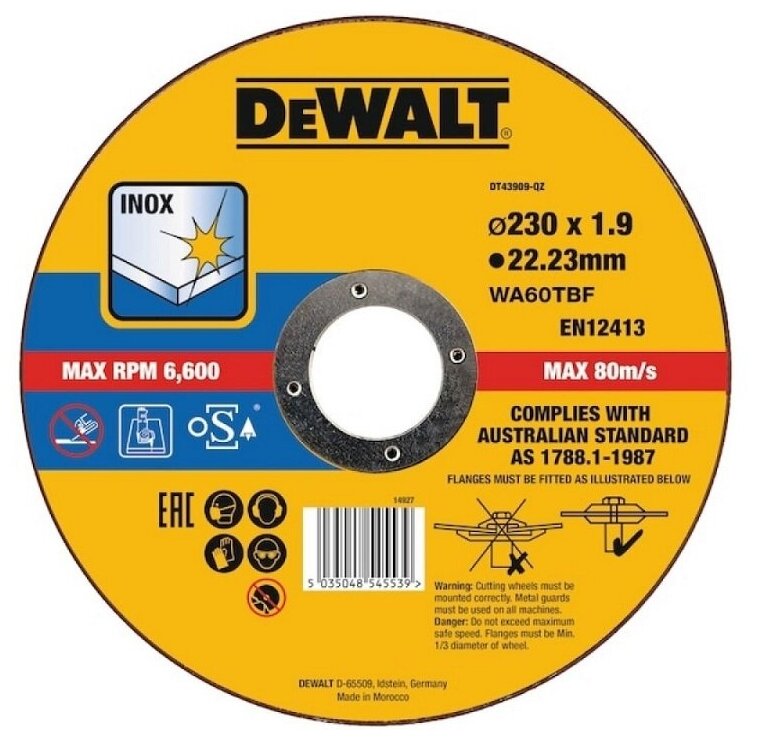 фото DeWalt Диск отрезной 230x1,9х22,2 мм DeWalt EXTREME Cutting INOX, DT43909