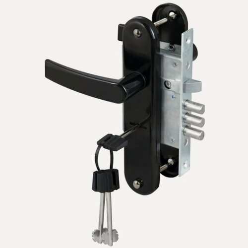 Изображение товара Замок врезной сувальдный с защёлкой в комплекте с ручкой Сам ЗВ9-6/13 (черный глянец), 3 кл. /77305/