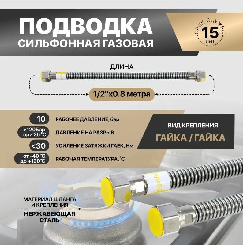 Сильфонная подводка для газа "Gasfix" 1/2 дюйма, 0.8 метра Гайка/Гайка
