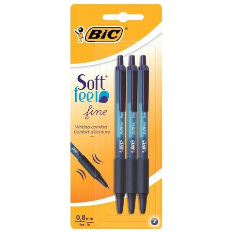Ручки шариковые автоматические с грипом BIC "Soft Feel Fine", набор 3 шт, линия письма 0,8 мм, блистер, 893221