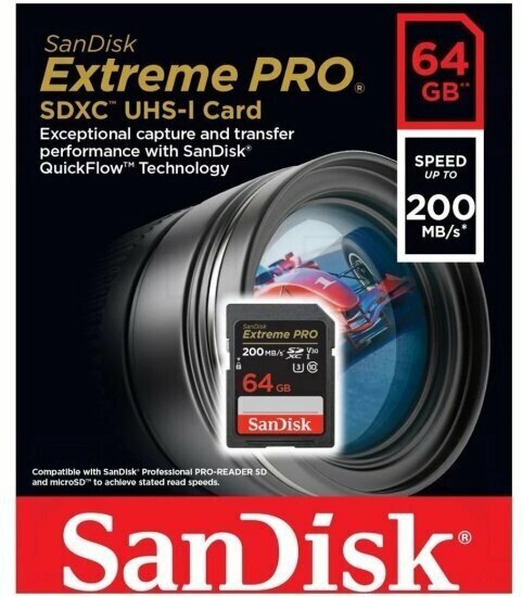 Карта памяти Sandisk Extreme Pro SDXC UHS-I U3 V30 64Gb (200/90 MB/s)