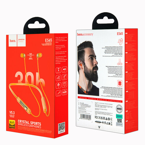 Беспроводные наушники Bluetooth спортивные Hoco ES65 Sport Wireless 30 часов работы оранжевые 89000₽