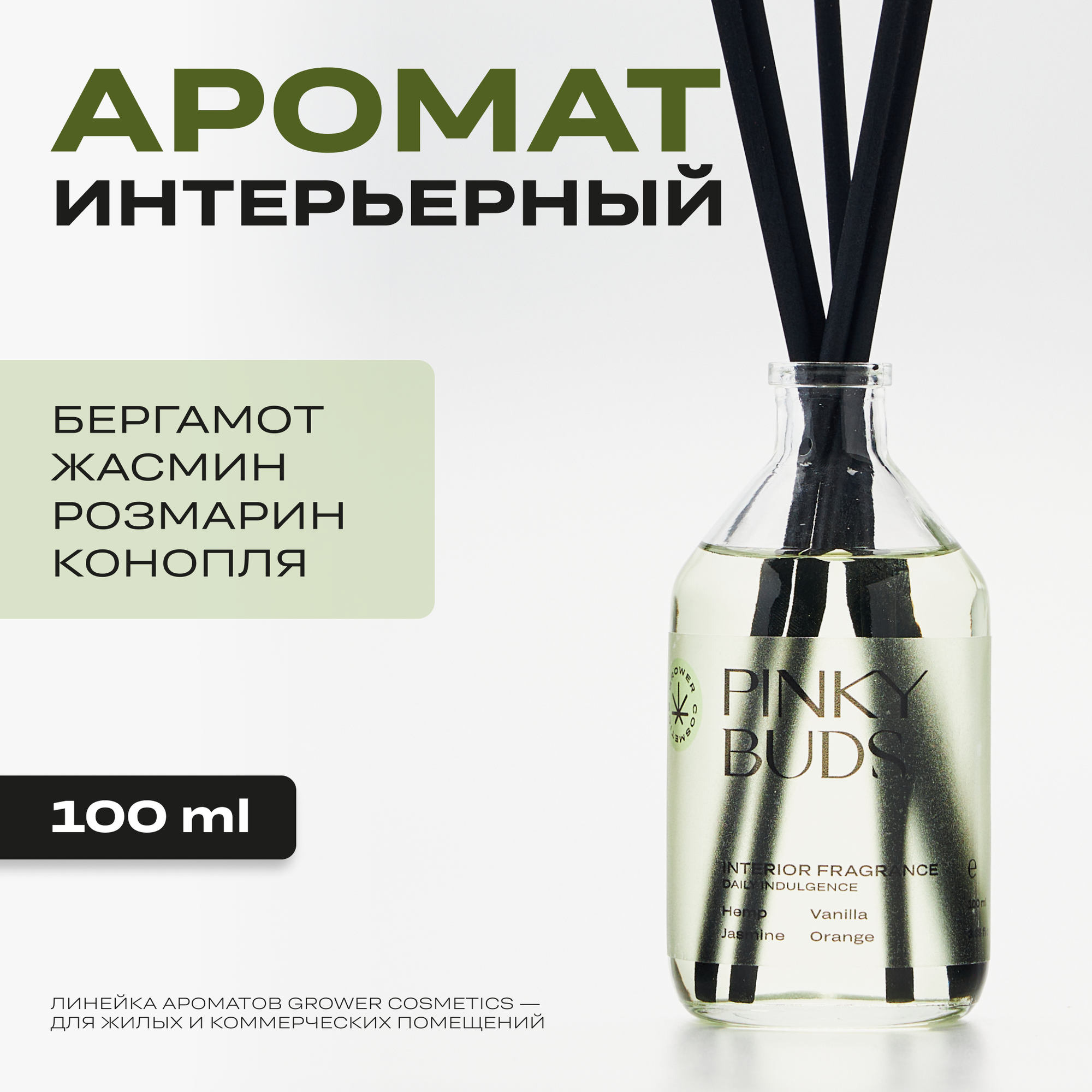 Арома диффузор Grower cosmetics "PINKY BUDS" Апельсин, Ваниль, Жасмин, Конопля. 100мл