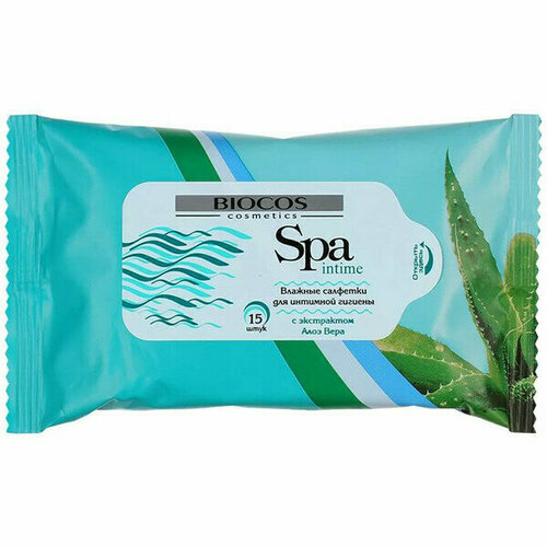 biocos влажные салфетки spa aroma очищающие весенние цветы 15 шт Салфетки влажные BIOCOS SPA Intime с алое вера для интимной гигиены 15шт