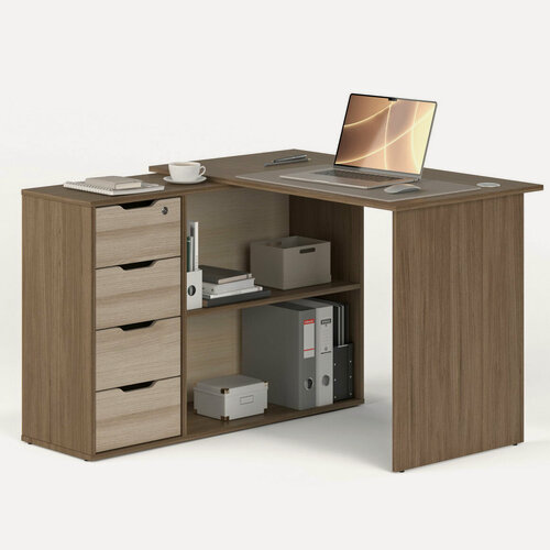 Изображение товара Письменный стол с поворотной тумбой с 4 ящиками МагМебель №93 тумба слева ясень тёмный + ясень светлый